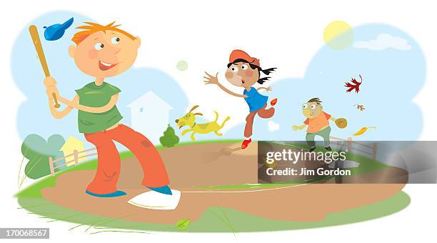 three friends playing baseball - baseball diamond stock-grafiken, -clipart, -cartoons und -symbole