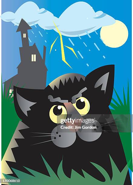 a cat in the forefront with a haunted house in the background - pets thunderstorm stock illustrations