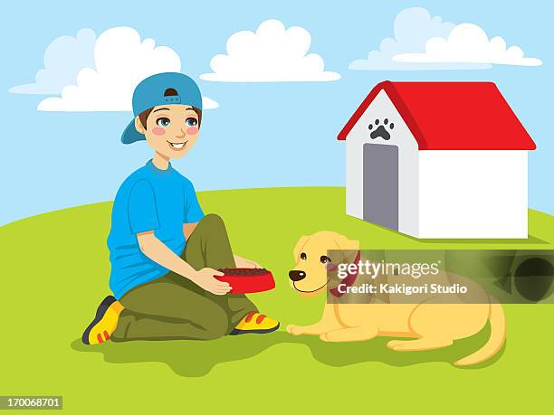 ilustrações, clipart, desenhos animados e ícones de a boy setting down a dog bowl for his dog - dog bone