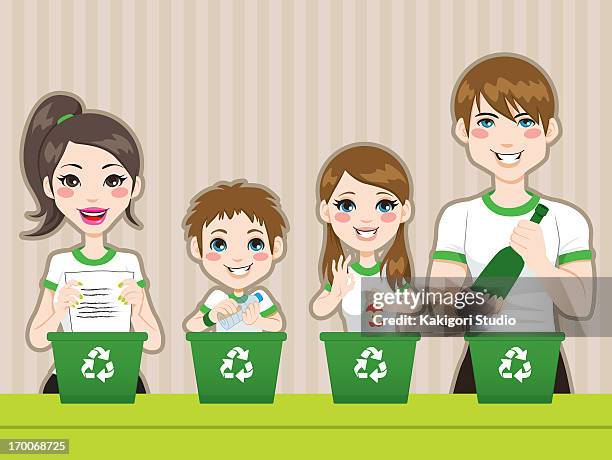 a family recycling together - family with four children stock illustrations