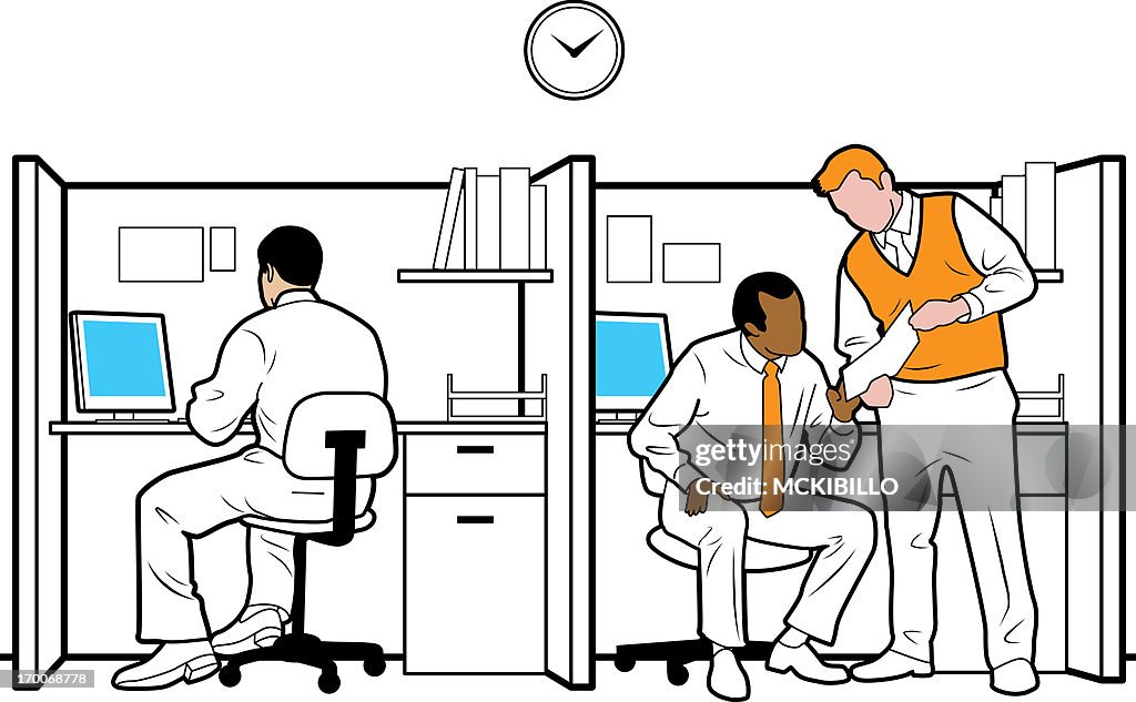 An office scene with people in cubicles