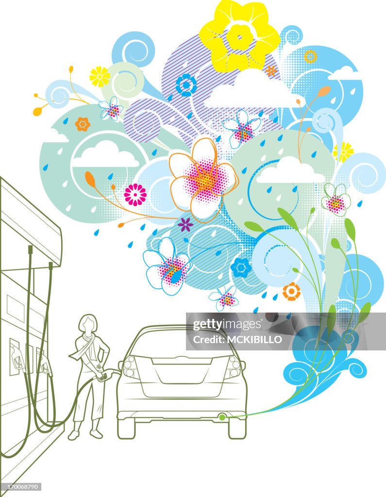 A woman fueling a hybrid vehicle