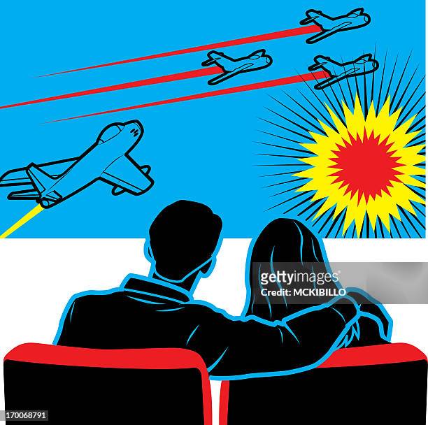 a couple looking at planes taking off - mid adult couple stock illustrations