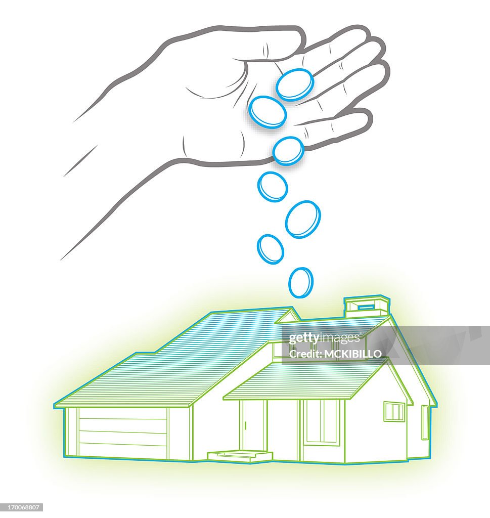 A hand dropping money into a house