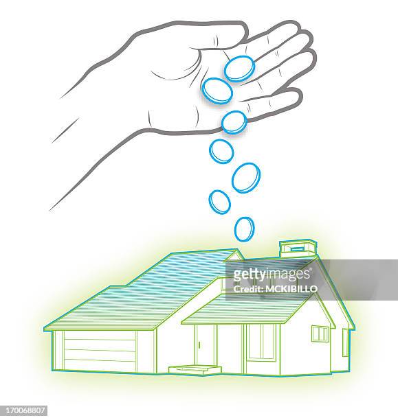 a hand dropping money into a house - deposit slip stock illustrations