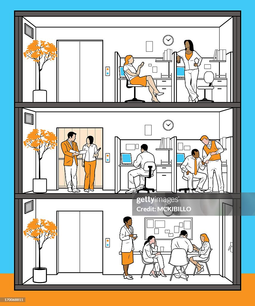 People in a multi-floor office