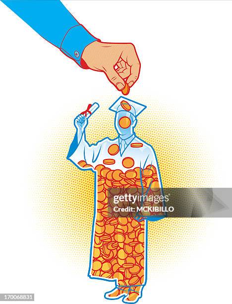 stockillustraties, clipart, cartoons en iconen met a hand putting money into a new graduate - afstudeer toga