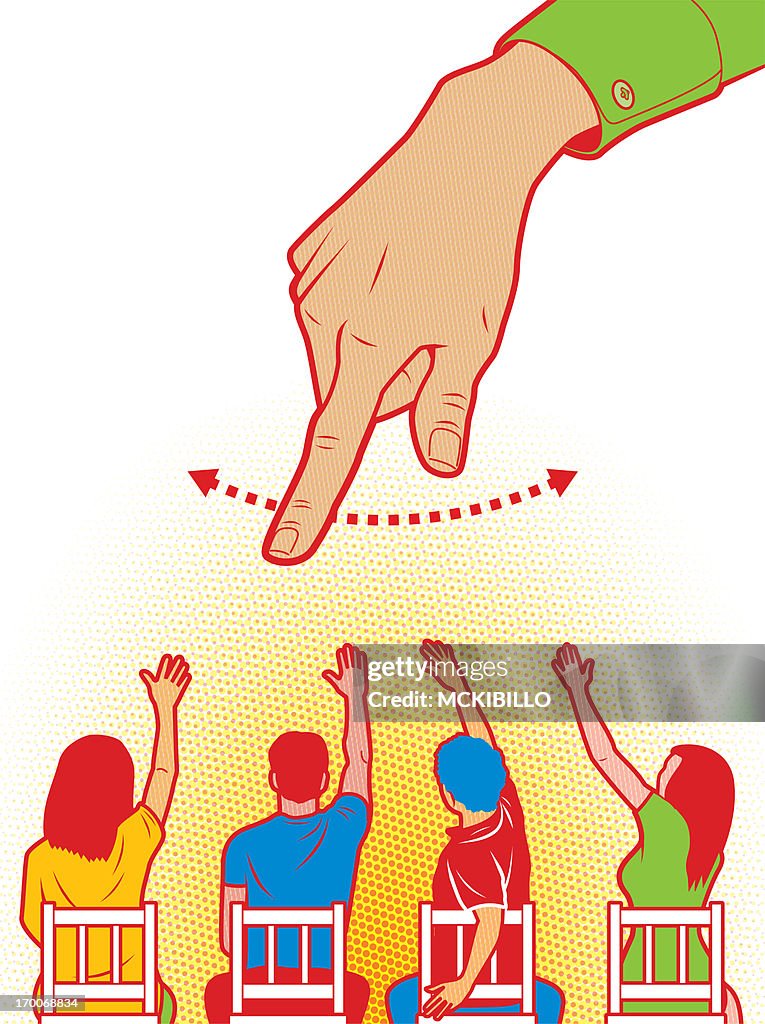 A hand pointing at students