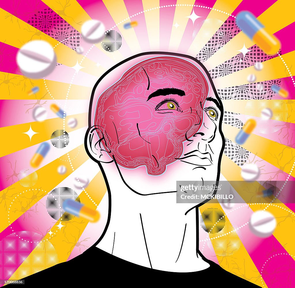 A man surrounded by pills