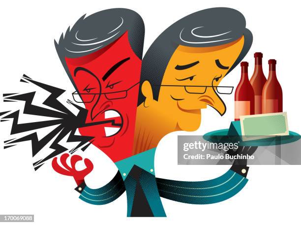 a waiter who is angry but tries to appear happy - two headed stock illustrations