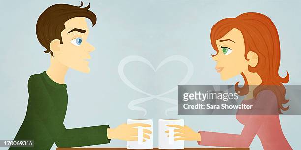 a man and woman having coffee - blind date stock illustrations