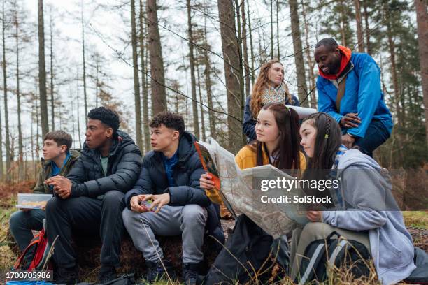 schüler, die von einer karte lesen - orientierungslauf landkarte gruppe stock-fotos und bilder