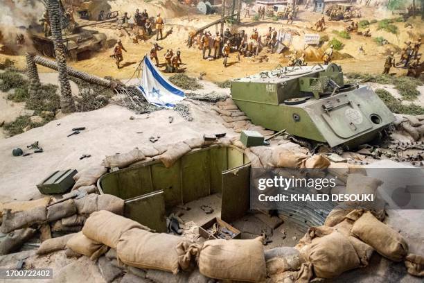 This picture taken on October 1, 2023 shows a view of a mockup depicting a stormed Israeli war position and an infantry-fighting vehicle as part of a...