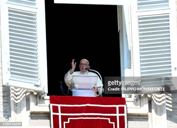 Pope Francis delivers his blessing to the pilgrims during the Sunday Angelus prayer in St.Peter's Square at the Vatican on October 1, 2023.