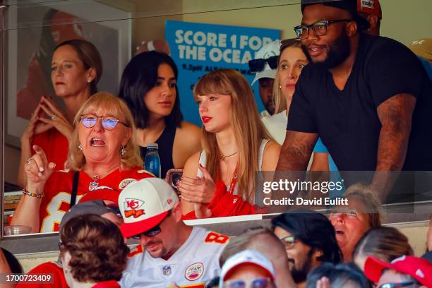 Taylor Swift watches a regular season game between the Kansas City Chiefs and the Chicago Bears with Donna Kelce, mother of Kansas City Chiefs tight...