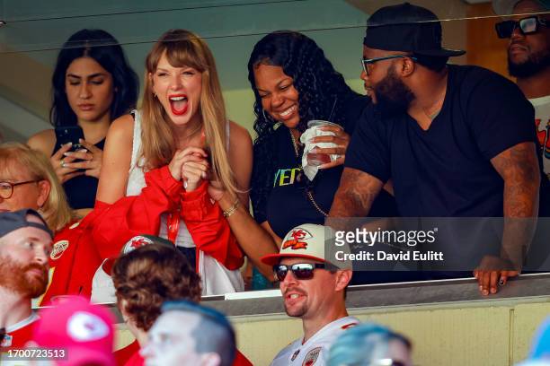Taylor Swift watches during a regular season game between the Kansas City Chiefs and the Chicago Bears at GEHA Field at Arrowhead Stadium on...