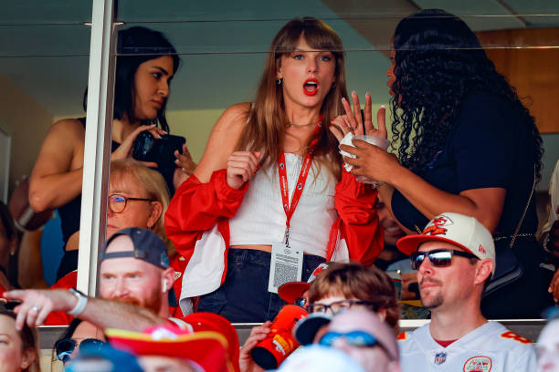 Taylor Swift is seen during the regular season game between the Kansas City Chiefs and Chicago Bears at JHA at Arrowhead Stadium in...