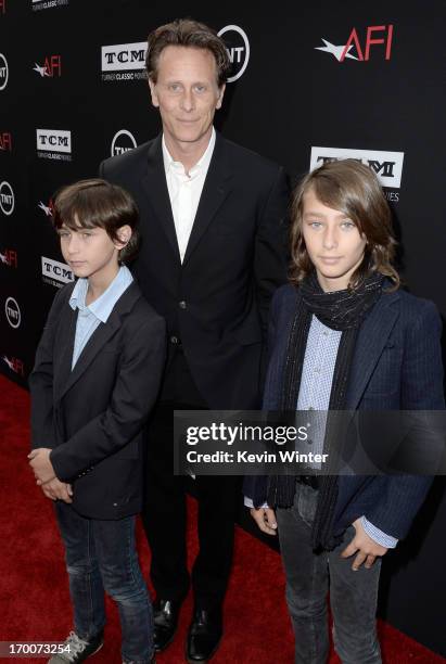 Actor Steven Weber with sons, Alfie Weber and Jack Weber attend the 41st AFI Life Achievement Award Honoring Mel Brooks at Dolby Theatre on June 6,...