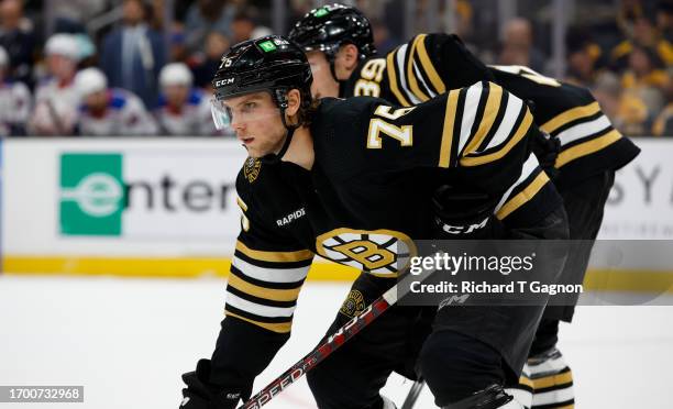 Alec Regula of the Boston Bruins skates during the second period of a preseason game against the New York Rangers at the TD Garden on September 24,...