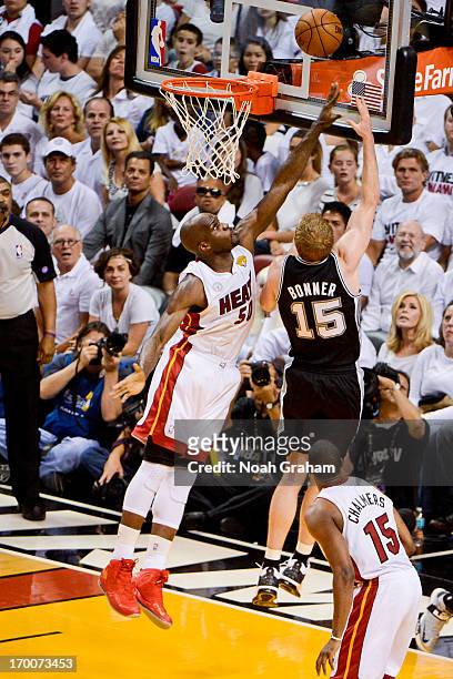 Matt Bonner of the San Antonio Spurs shoots a layup against Joel Anthony of the Miami Heat during Game One of the 2013 NBA Finals on June 6, 2013 at...