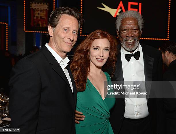 Actors Steven Weber, Amy Yasbeck and Morgan Freeman attend 41st AFI Life Achievement Award Honoring Mel Brooks at Dolby Theatre on June 6, 2013 in...