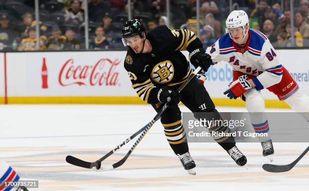 Jayson Megna of the Boston Bruins skates during the third period of a preseason game against the New York Rangers at the TD Garden on September 24,...