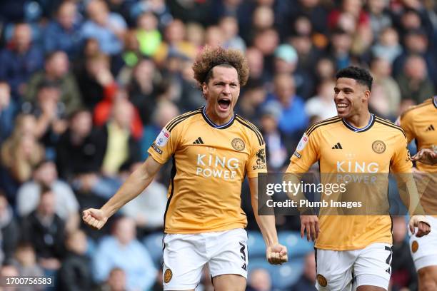 Wout Faes of Leicester City celebrates with James Justin of Leicester City after scoring to make it 0-1 during the Sky Bet Championship match between...