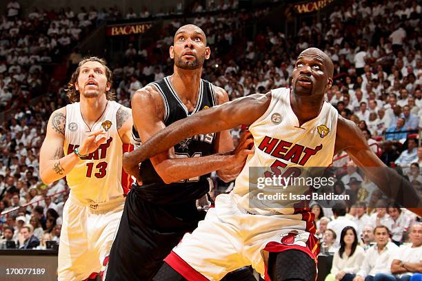 Tim Duncan of the San Antonio Spurs battles for rebound position against Mike Miller and Joel Anthony of the Miami Heat during Game One of the 2013...