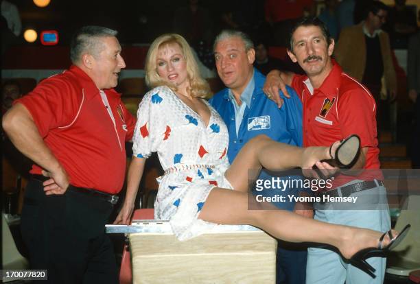 Mystery writer Mickey Spillane, Actress Lee Meredith, comedian Rodney Dangerfield, and New York Yankees manager Billy Martin tape a Miller Lite...