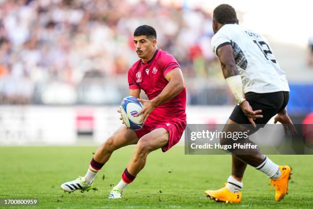 Luka MATKAVA of Georgia and Josua TUISOVA of Fidji during the Rugby World Cup 2023 Pool C match between Fiji and Georgia at Stade Matmut Atlantique...