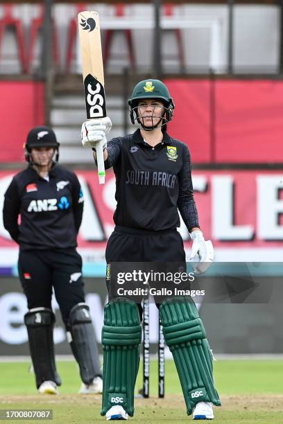 Marizanne Kapp of South Africa celebrates fifth runs during the ICC Women's Championship, 3rd ODI match between South Africa and New Zealand at...