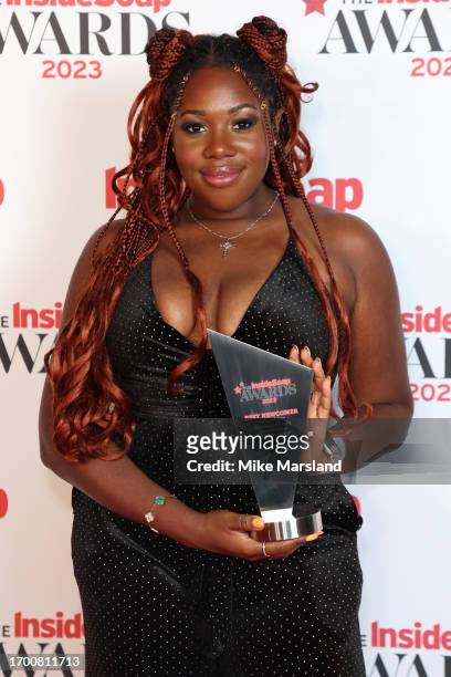 Channique Sterling Brown with the best Newcomer award at the Inside Soap Awards 2023 Winners Room at Salsa! on September 25, 2023 in London, England.