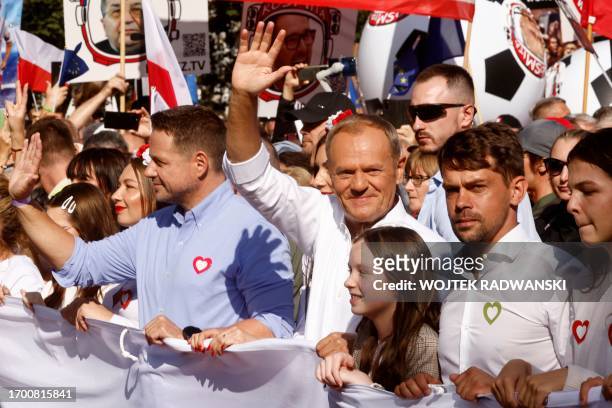 Polish opposition leader, former premier and head of the centrist Civic Coalition bloc, Donald Tusk takes part alongside other demonstrators in the...