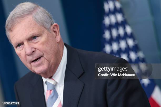 Secretary of Agriculture Tom Vilsack answers questions during the daily press briefing at the White House on September 25, 2023 in Washington, DC....