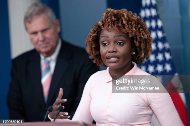 White House press secretary Karine Jean-Pierre answers questions during the daily press briefing with Secretary of Agriculture Tom Vilsack at the...