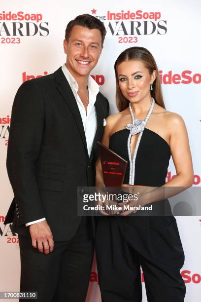 Ryan Prescott and Charlotte Jordan with the Best Showstopper award at the Inside Soap Awards 2023 Winners Room at Salsa! on September 25, 2023 in...