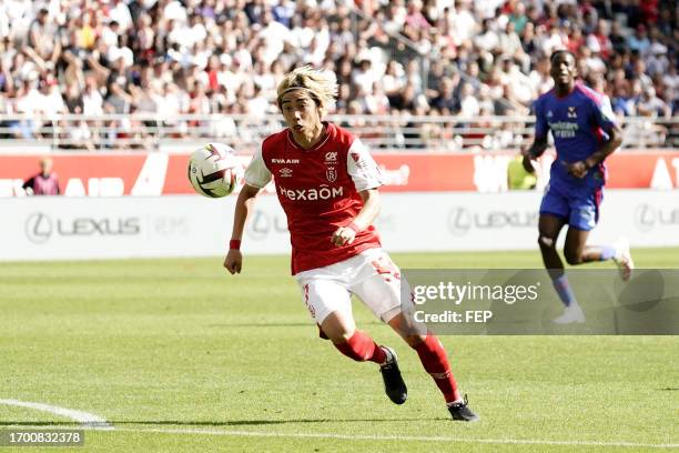 Junya ITO during the Ligue 1 Uber Eats match between Stade de Reims and Olympique Lyonnais at Stade Auguste Delaune on October 1, 2023 in Reims,...