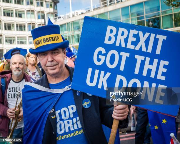 London, UK, Sep 23 2023, Prominent anti-Brexit campaigner Steve Bray at the EU National Rejoin March in central London. Thousands of people marched...