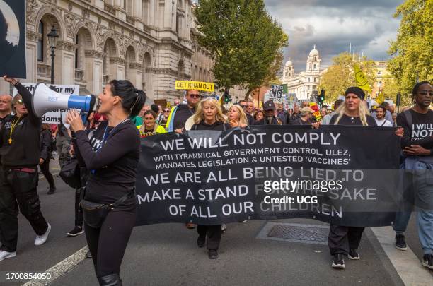Conspiracy theorists, who believe the government and parliament are criminal and corrupt, protest in Whitehall, London, stating they withdraw consent...
