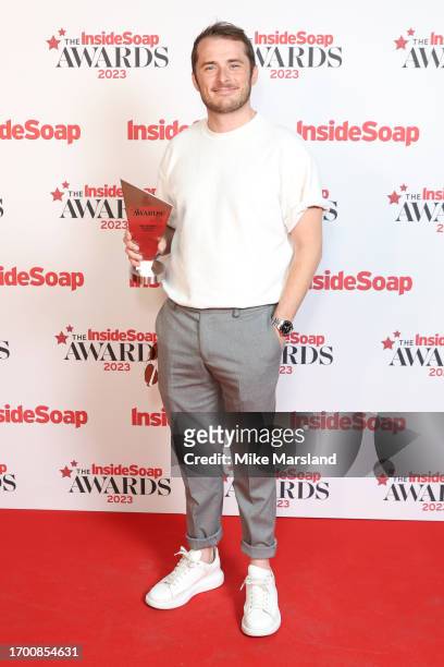 Max Bowden with the Soap Superstar of the year award at the Inside Soap Awards 2023 Winners Room at Salsa! on September 25, 2023 in London, England.