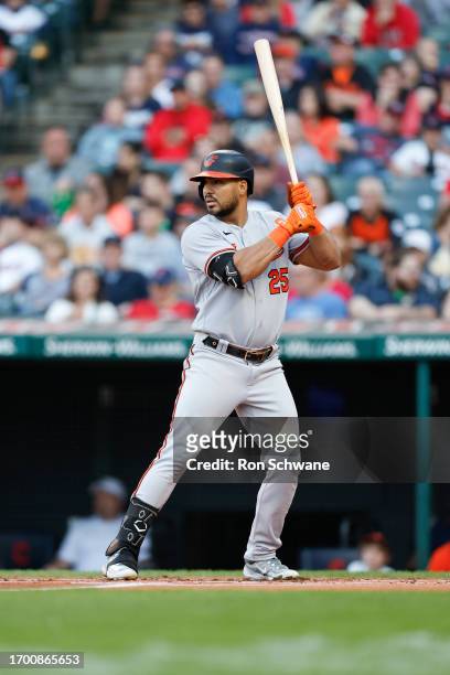 Anthony Santander of the Baltimore Orioles bats against the Cleveland Guardians during the first inning at Progressive Field on September 23, 2023 in...