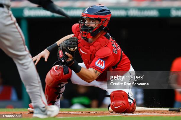 Cam Gallagher of the Cleveland Guardians plays against the Baltimore Orioles during the first inning at Progressive Field on September 23, 2023 in...