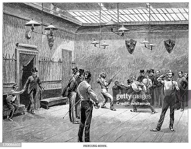 parisian fencers practising in a fencing room - worker sweating stock illustrations