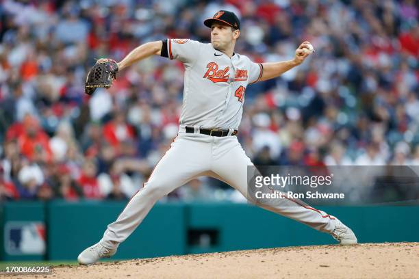 John Means of the Baltimore Orioles pitches against the Cleveland Guardians during the third inning at Progressive Field on September 23, 2023 in...