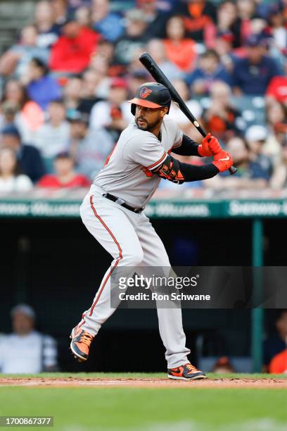 Aaron Hicks of the Baltimore Orioles bats against the Cleveland Guardians during the first inning at Progressive Field on September 23, 2023 in...