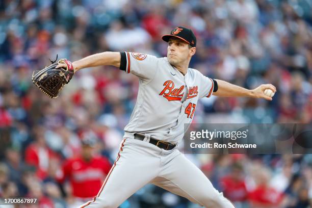 John Means of the Baltimore Orioles pitches against the Cleveland Guardians during the first inning at Progressive Field on September 23, 2023 in...