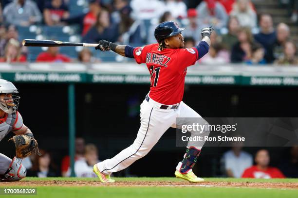 Jose Ramirez of the Cleveland Guardians bats against the Baltimore Orioles during the fourth inning at Progressive Field on September 23, 2023 in...