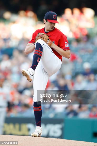 Cal Quantrill of the Cleveland Guardians pitches against the Baltimore Orioles during the first inning at Progressive Field on September 23, 2023 in...