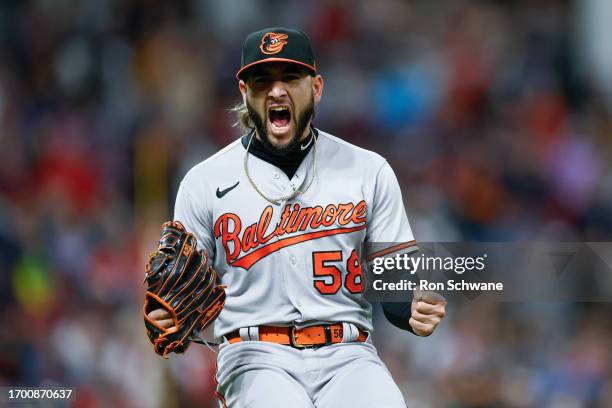Cionel Perez of the Baltimore Orioles celebrates at 2-1 win against the Cleveland Guardians at Progressive Field on September 23, 2023 in Cleveland,...