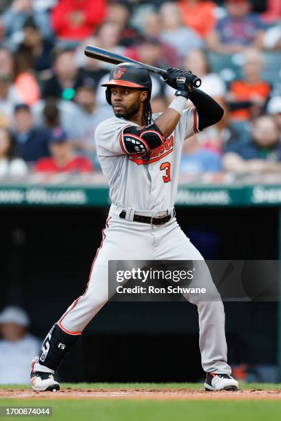 Cedric Mullins of the Baltimore Orioles bats against the Cleveland Guardians during the first inning at Progressive Field on September 23, 2023 in...